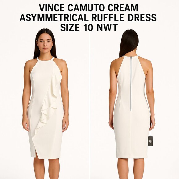 Vince Camuto Cream Asymmetrical Ruffle Sheath Dress Size 10 NWT - Picture 1 of 12